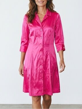 RODIKA Vibrant Pink 100% Silk Collared Fit and Flare Dress